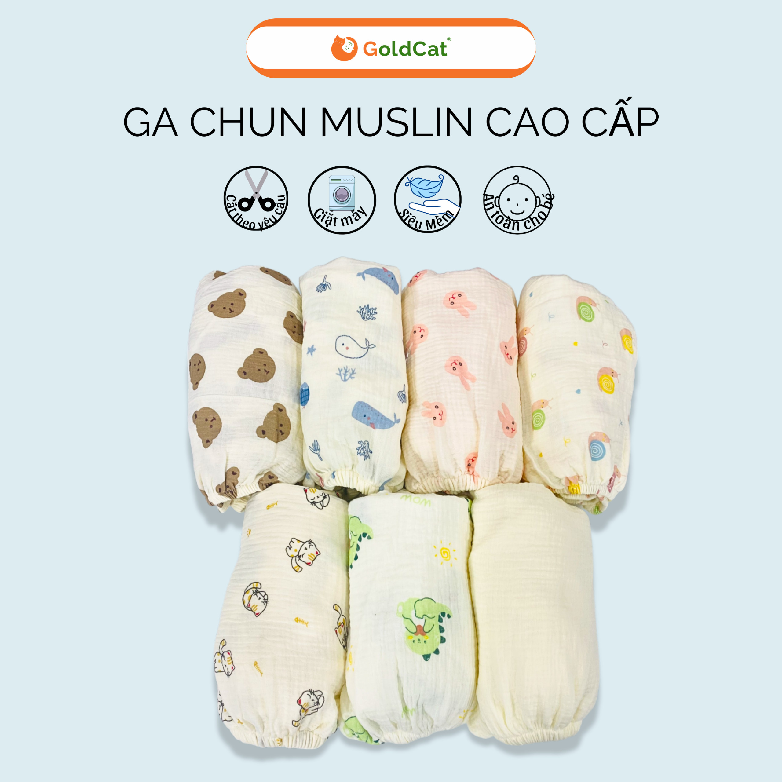 Ga Cũi Cho Bé GOLDCAT Chất Liệu Muslin Cao Cấp, Viền Chun Ôm Đệm, Kích Thước Đa Dạng