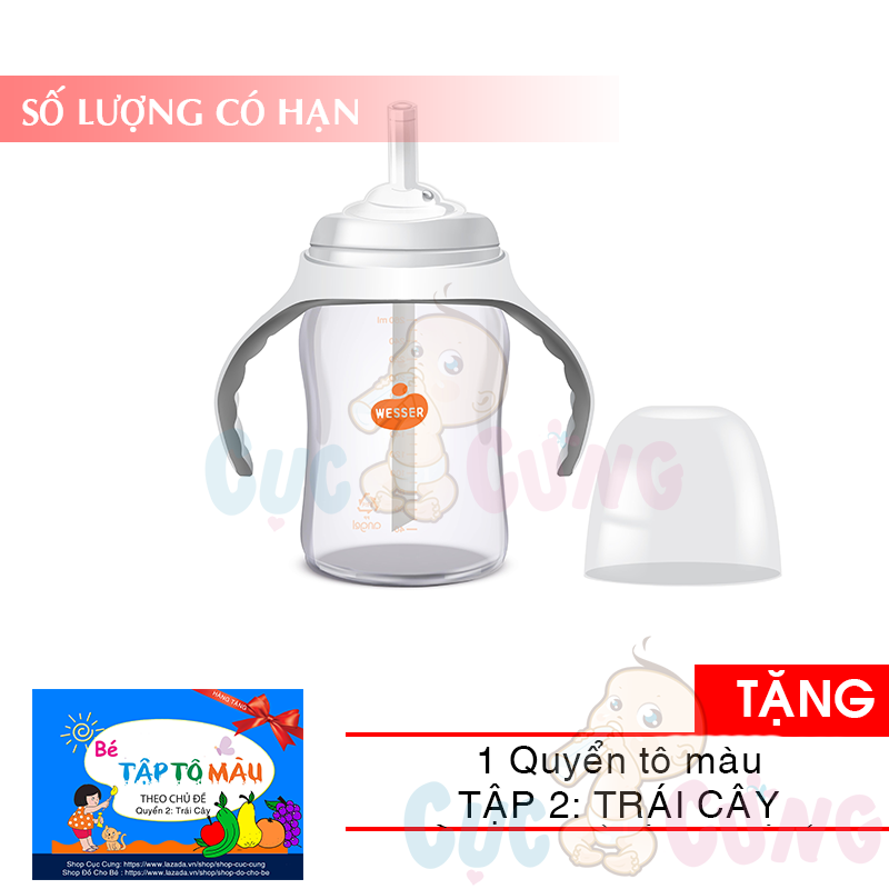 Bình đựng nước có ống hút cho bé uống nước Wesser 260ml TẶNG 1 quyển tô màu - binh tap uong nuoc cho be
