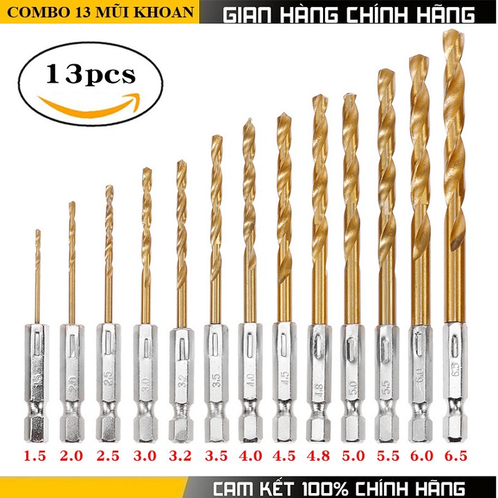 Bộ 13 Mũi Khoan Thép Gió HSS Titanium Chuôi Lục Giác Dễ Dàng Thay Đổi Kích Thước 1,5 - 6.5mm