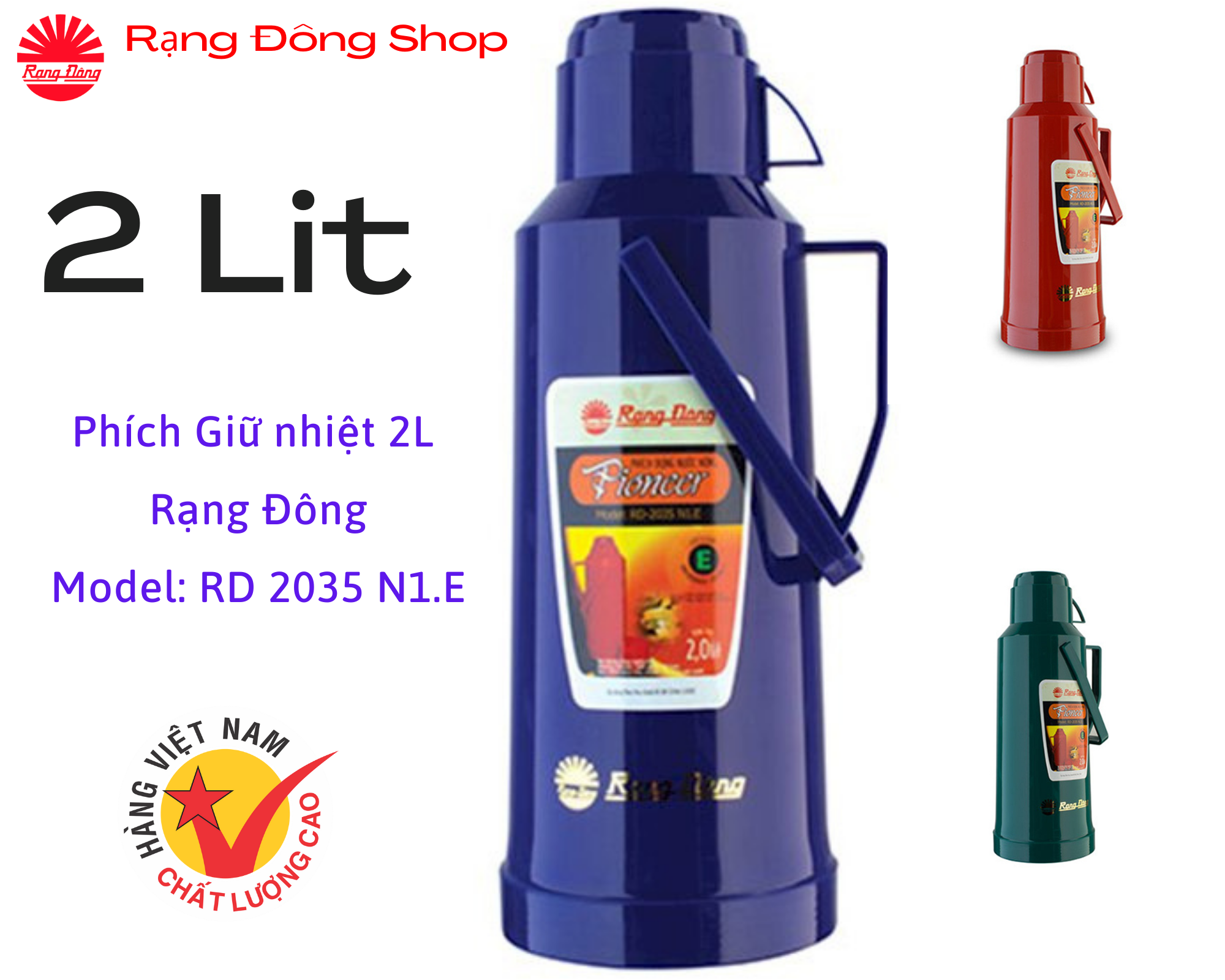 Phích đựng nước nóng giữ nhiệt Rạng Đông 2 Lit 2035 N1.E mở nắp xoáy