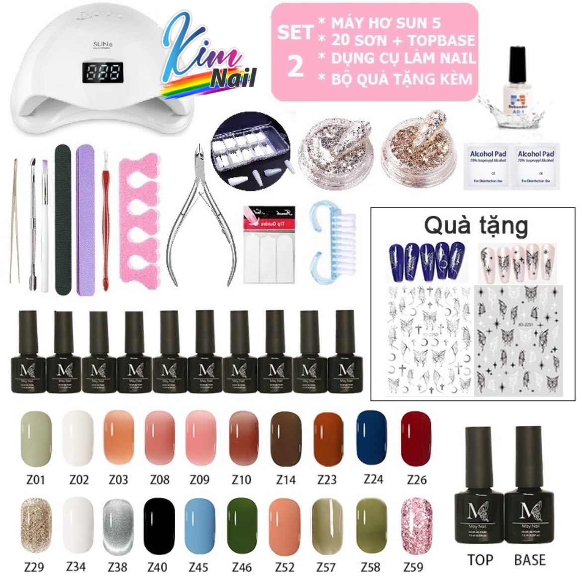 Set 2, bộ làm móng( sơn gel 20 chai + máy hơ gel sun 5 + dụng cụ làm móng + top & base & top lì sơn gel + móng giả + keo + bộ quà tặng kèm )mini tại nhà