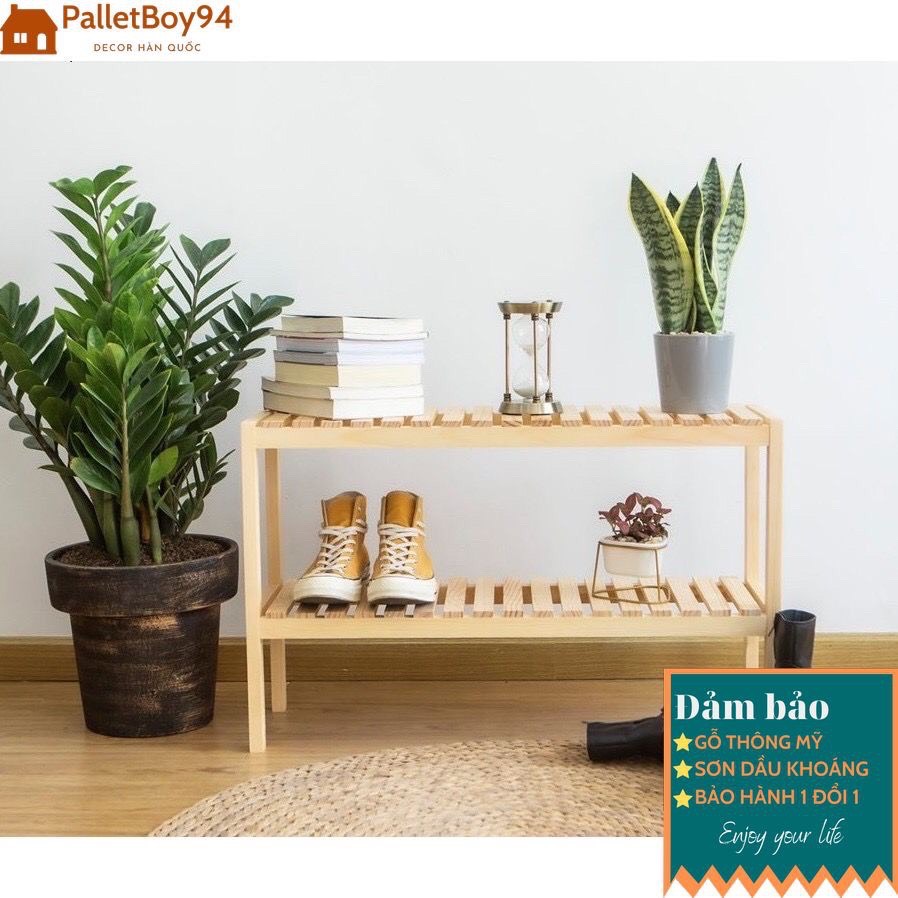 Kệ giày dép 2 tầng / kệ giày dép gỗ thông mỹ đã được sơn khoáng bảo vệ gỗ, size lớn, dài 80cm -palletboy94