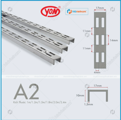 Thanh ray dọc gắn tường đôi A2 2 hàng lỗ