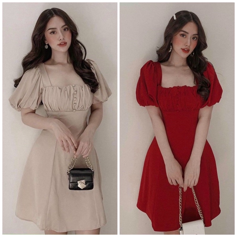 Đầm nhúng ngực nút bọc 2 màu