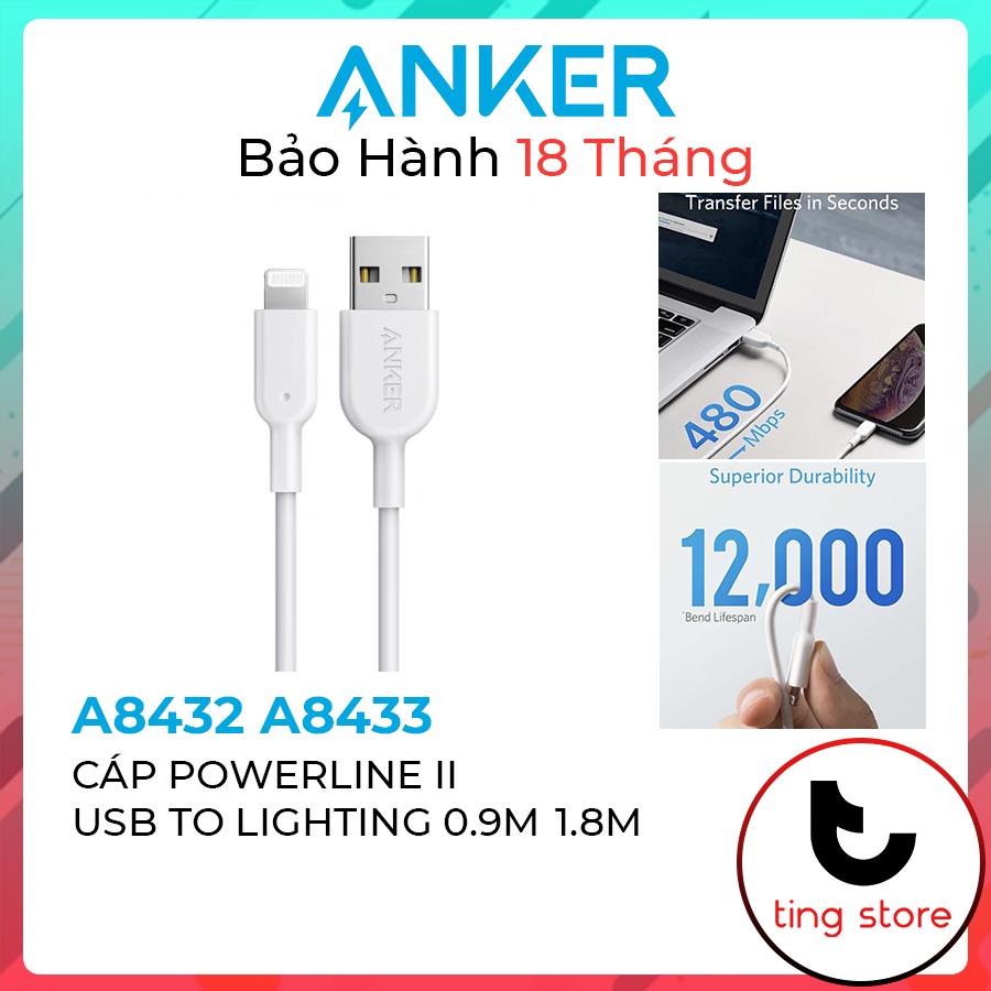 Cáp anker powerline ii usb to lightning iphone mfi chip c89 bạc - a8432 0.9m a8433 1.8m chính hãng sạc iphone ipad