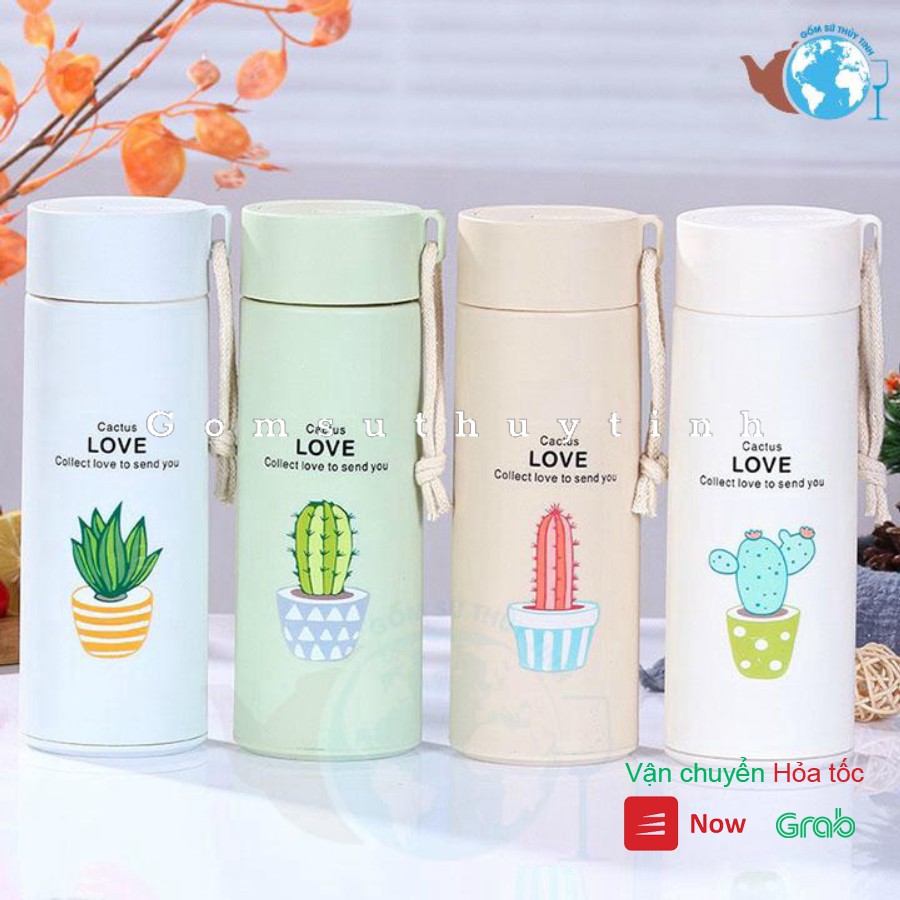 Bình giữ nhiệt lõi thủy tinh vỏ bọc nhựa hình xương rồng 450ml kèm dây xách tiện lợi