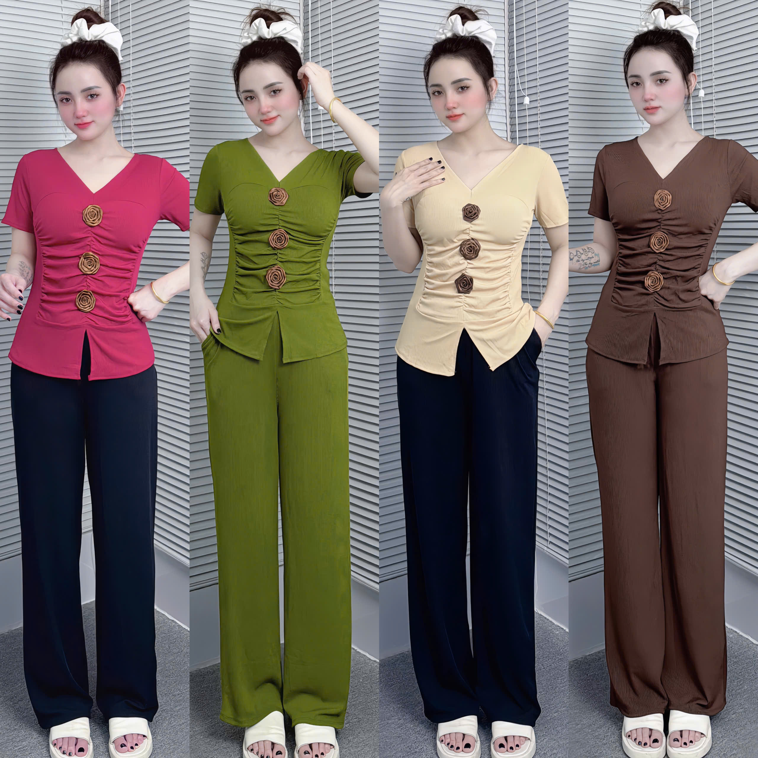 SET ĐỒ BỘ NỮ MẶC NHÀ THUN GÂN, ÁO TAY NGẮN 3 BÔNG, ỐNG QUẦN SUÔNG RỘNG, CỔ TIM THANH LỊCH, SANG TRỌNG, CHO MỌI ĐỘ TUỔI VÀ ,PHÙ HỢP MỌI HOẠT ĐỘNG