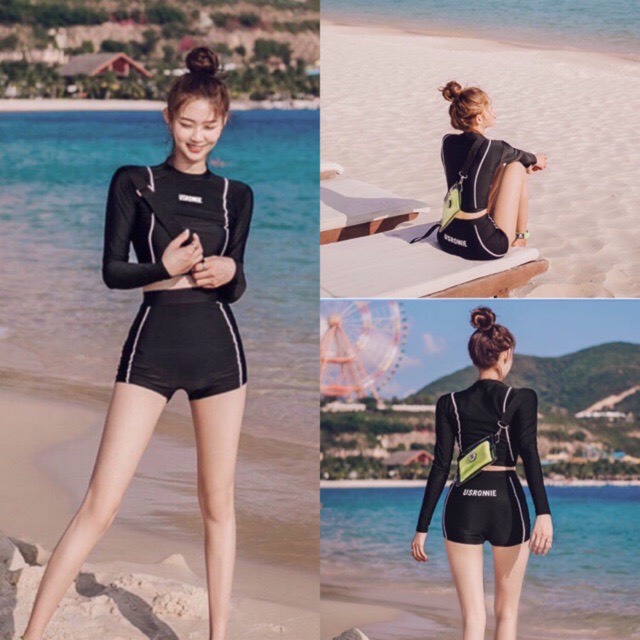 Đồ bơi bikini tay dài nữ quần đùi cạp cao usronnie