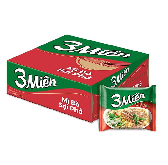 Mì Reeva 3 Miền bò sợi phở thùng 30 gói x 65g