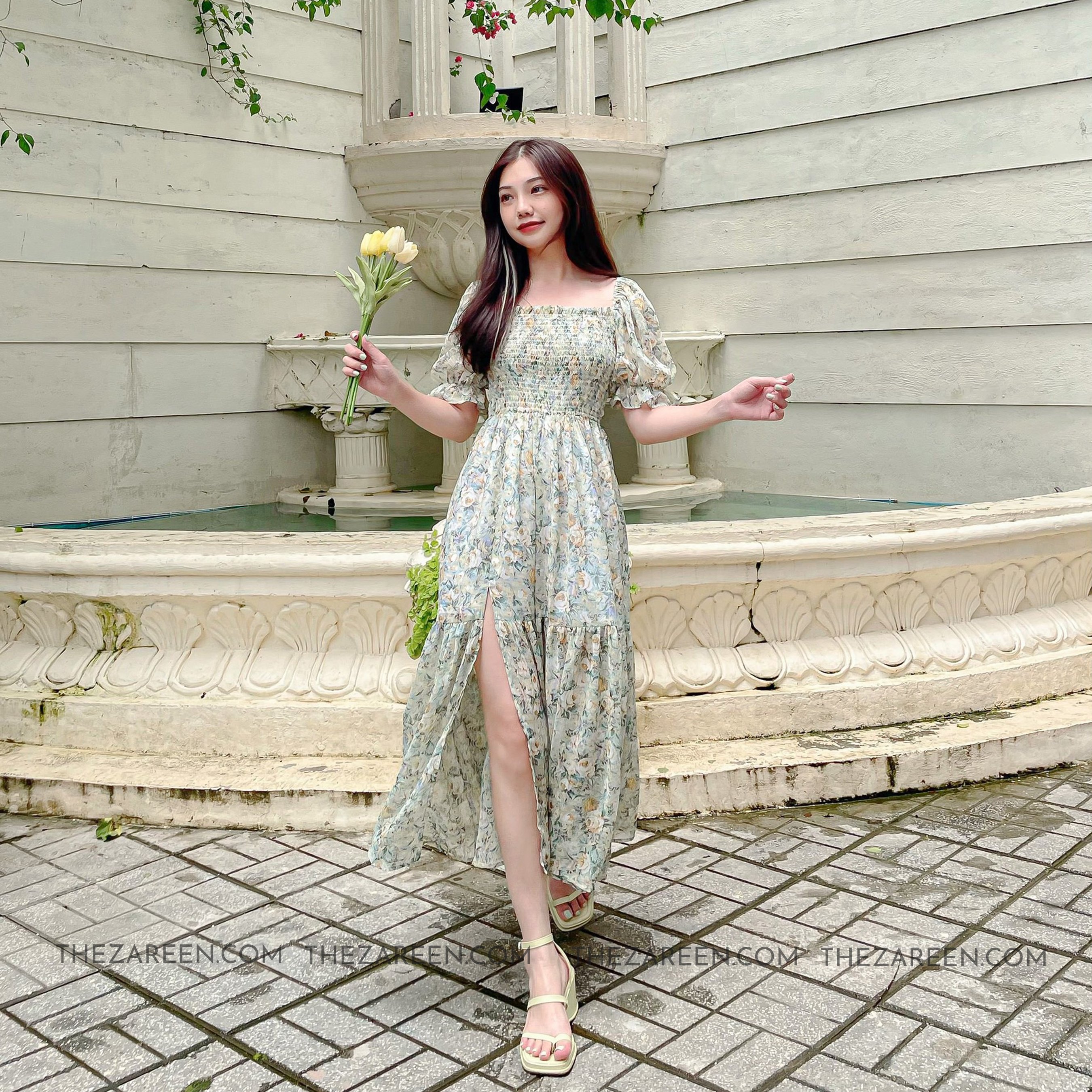 Zareen | đầm hoa đuôi cá xẻ đùi dax50 - xanh lá