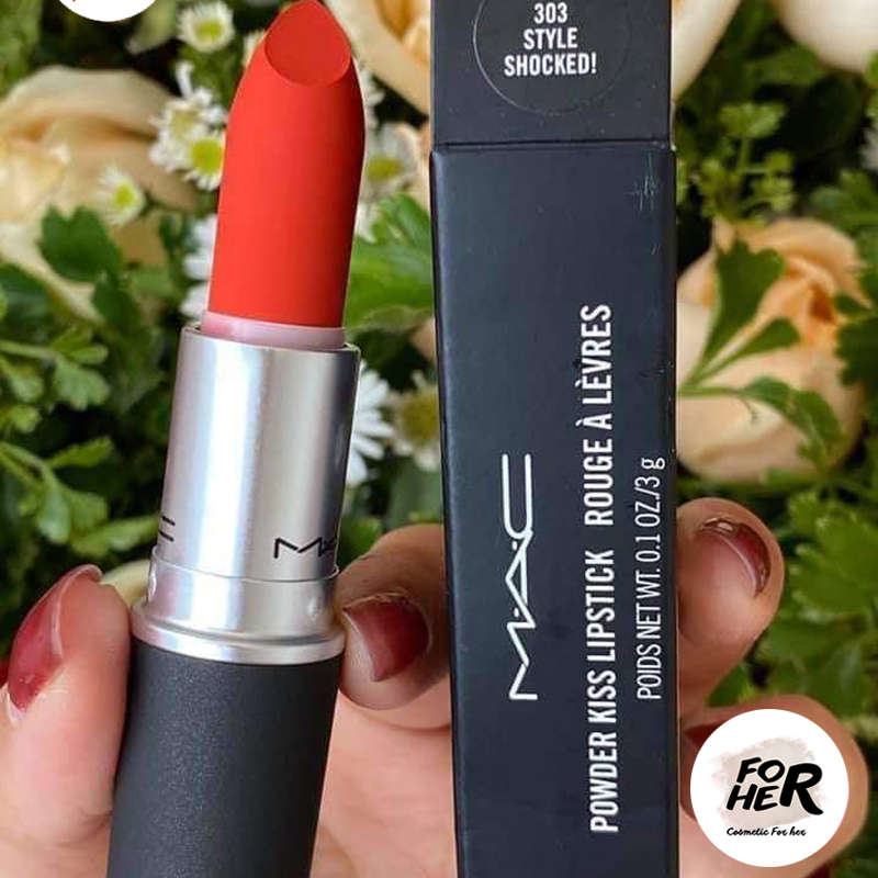 Son mac powder kiss màu 303 style shocked – đỏ cam
