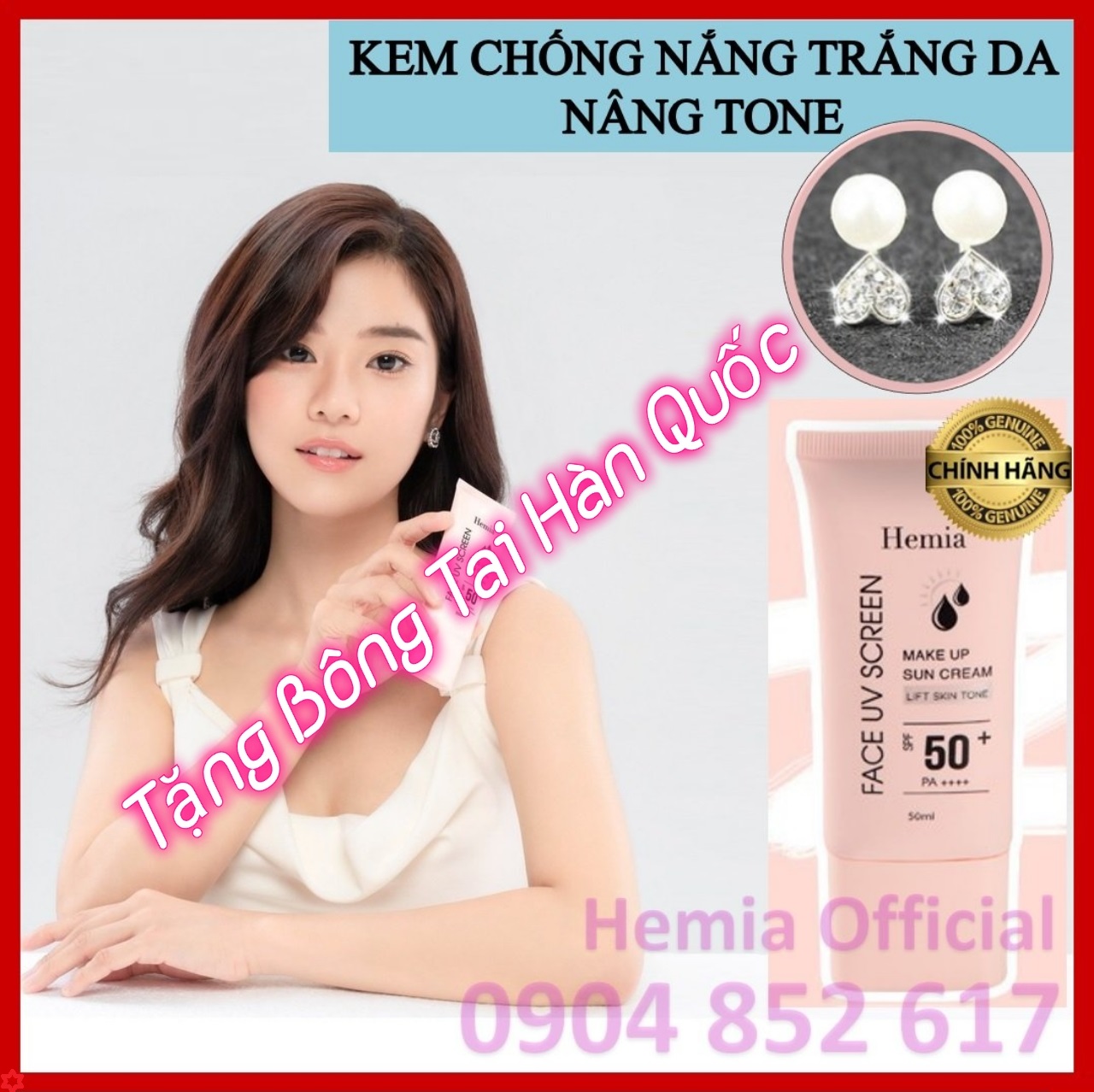 Kem chống nắng HEMIA dưỡng trắng da nâng tone 2in1, Dưỡng chất chiết xuất hoàn toàn tự nhiên, Khả năng thấm mướt cực nhanh, mịn màng,