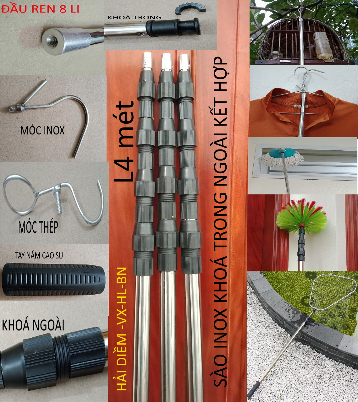 (L4mSào rút inox đa năng, làm cán vợt cá sào treo chim, cọc mắc màn,móc cành cây,phơi quần áo