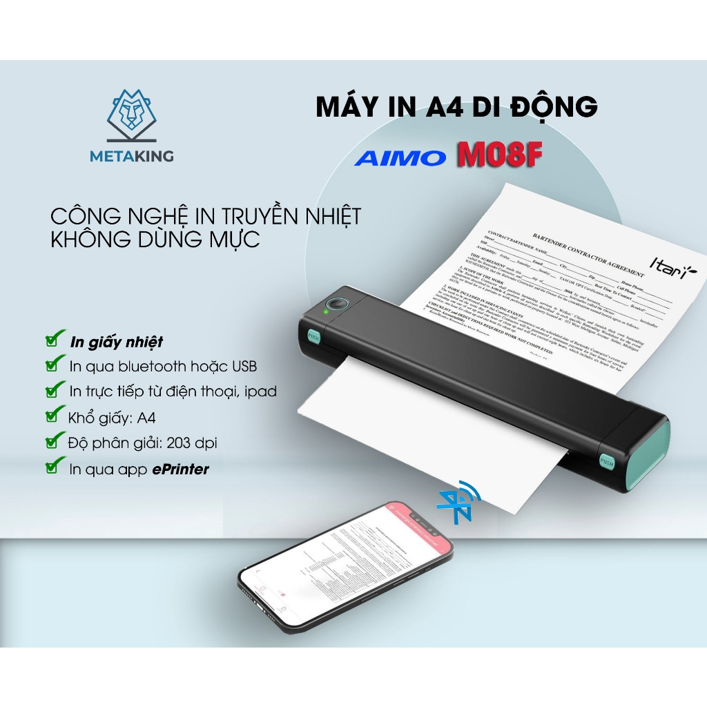 Máy in nhiệt khổ a4 di động m08f kết nối không dây bluetooth in từ iphone - ipad, usb /