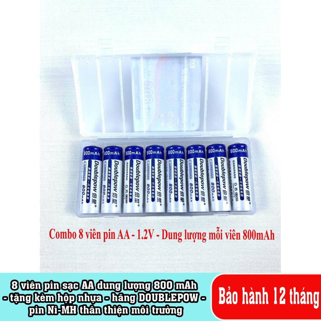 8 viên pin sạc AA dung lượng 800 mAh - tặng kèm hộp nhựa - hãng DOUBLEPOW - pin Ni-MH thân thiện môi trường