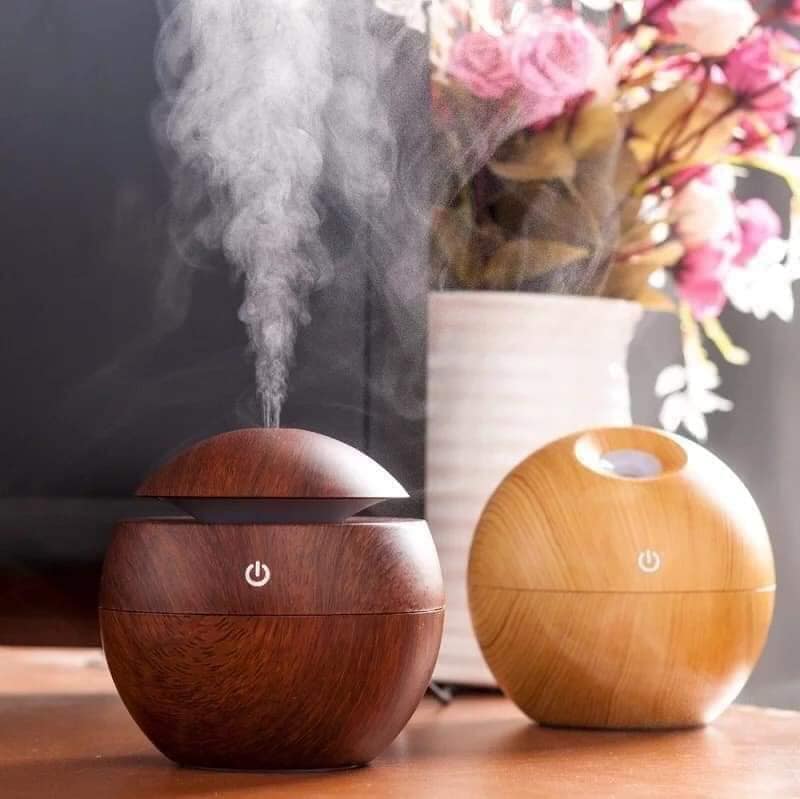 Máy xông tinh dầu hình cầu màu vân gỗ mini tiện dụng - Tặng Kèm 2 Tim Bông