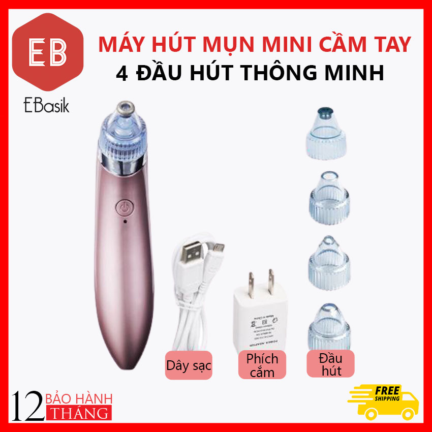 [BẢO HÀNH 1 ĐỔI 1] Máy Hút Mụn Cầm Tay Mini Với 4 Đầu Hút Chuẩn Spa, Chuyên Dùng Hút Mụn Đầu Đen Mụn Cám, Sạc Pin, Công Nghệ Hàn Quốc. Cung Cấp Bởi EBasik