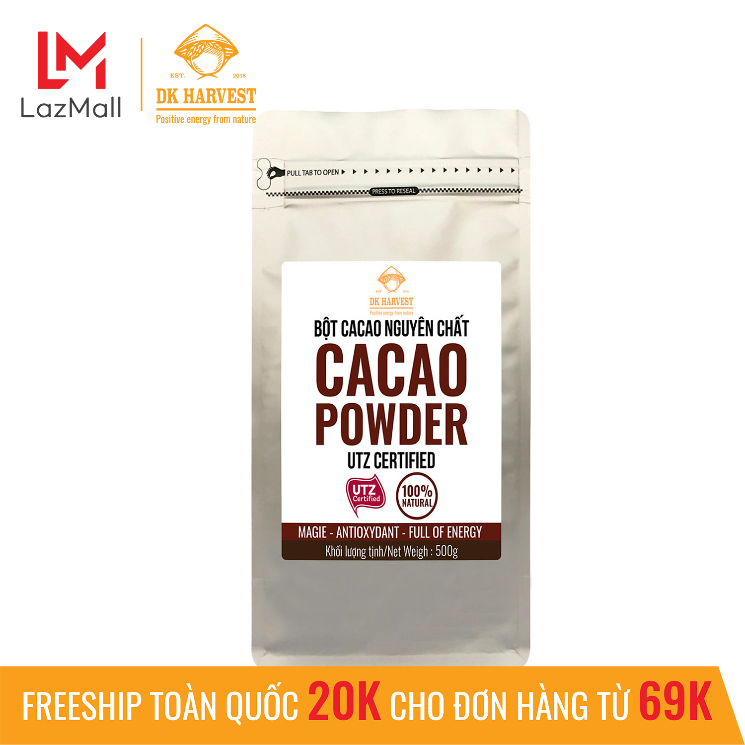 Bột cacao nguyên chất cao cấp DK Harvest đạt chuẩn UTZ - không pha trộn tạp chất , dễ tan, đậm đà, thích hợp ăn kiêng, giảm cân