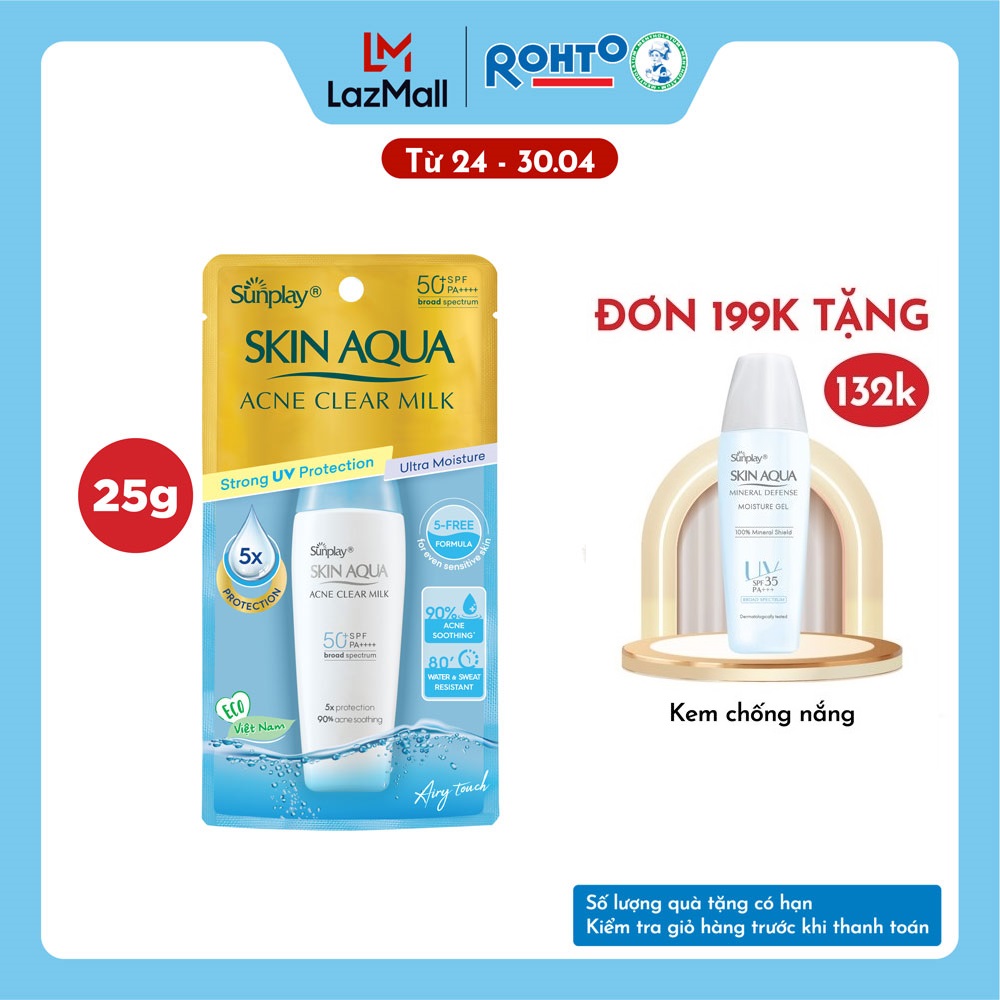 Kem chống nắng Skin Aqua cho da mụn, dạng sữa dùng hàng ngày Sunplay Skin Aqua Acne Clear Eco Việt Nam SPF 50, PA++++ 25g