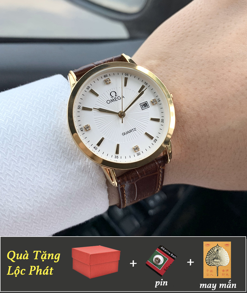 (Có Video) Đồng Hồ Kim Vàng Dây Da Nam, Chống Nước, Kính Chống Trầy Xước Tặng Pin, Lá Bồ Đề May Mắn Phong Thuỷ
