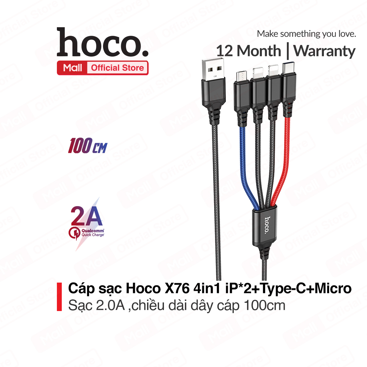 Cáp sạc hoco x76 4-in-1 2lightning + type-c + micro hổ trợ sạc 2.0a dây dù chống gẫy dập dài 100cm