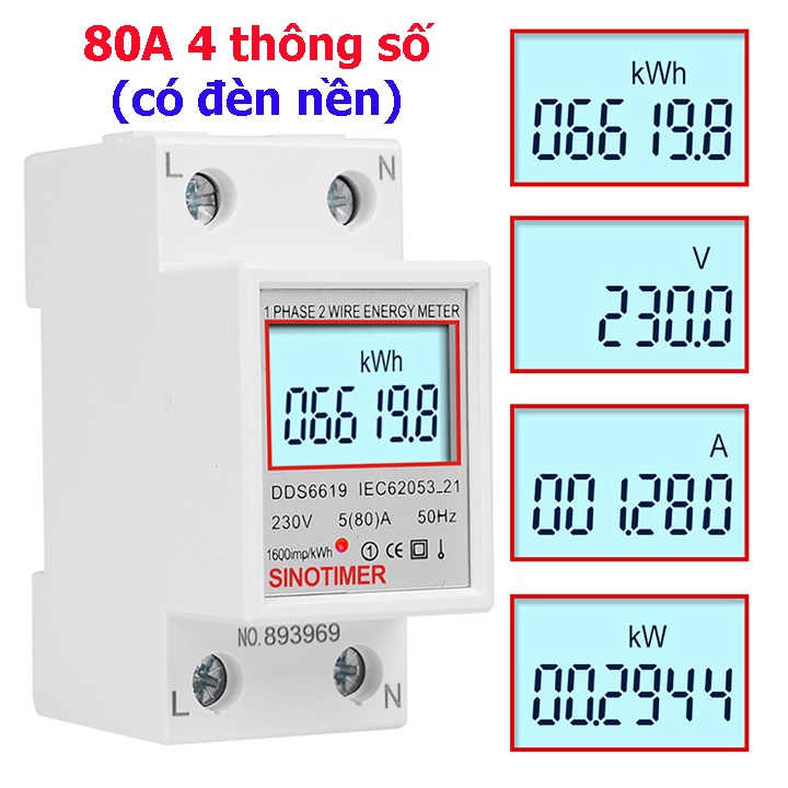 Công tơ điện tử 80A dùng để đo số điện tiêu thụ (kWh) Đo công suất (W) đo điện áp (V) đo cường độ dòng điện (A).