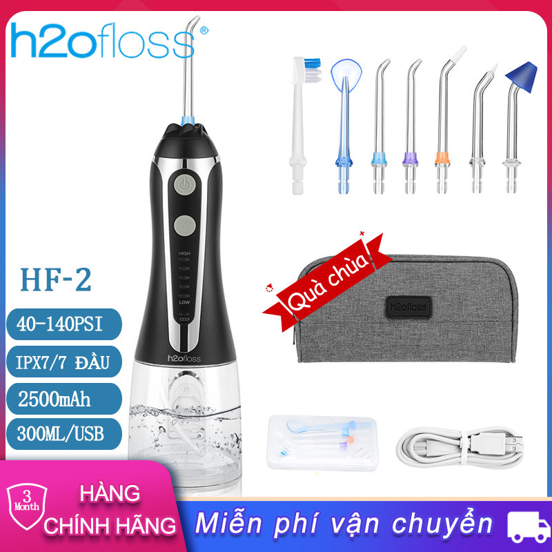 HF-2 Đen【Hàng sẵn sàng  Máy tăm nước không dây H2ofloss Máy rửa miệng chống thấm nước IPX7 với 5 chế độ 7 vòi phun tia Máy làm sạch răng cho niềng răng Chăm sóc cầu răng, Bình chứa nước 300ML cho Du lịch tại nhà