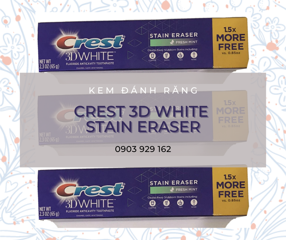 Kem đánh răng Crest 3D White Stain Eraser 65g +1.5 extra free
