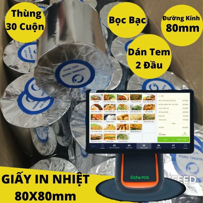 ☋ giấy in bill nhiệt k80x80mm mực đen dùng máy pos ocha
