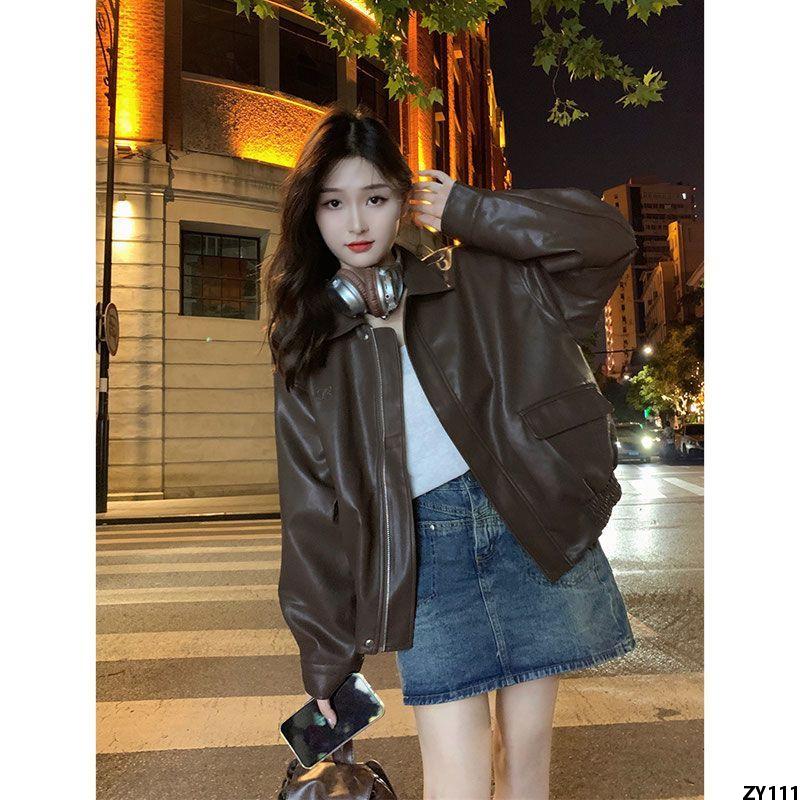 Jacket Phong Cách Hàn Quốc Nóng Lạnh Quần Áo Rộng Rãi Áo Đi Xe Máy Áo Khoác Dài Tay Cho Nữ Thiếu Nữ Richfox Áo Da Màu Nâu Mùa Thu
