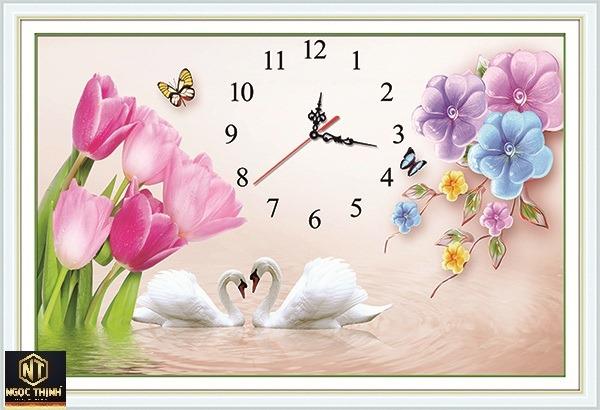 Tranh đính đá Đồng hồ hoa Tulip cao cấp -KT: 75x50Cm