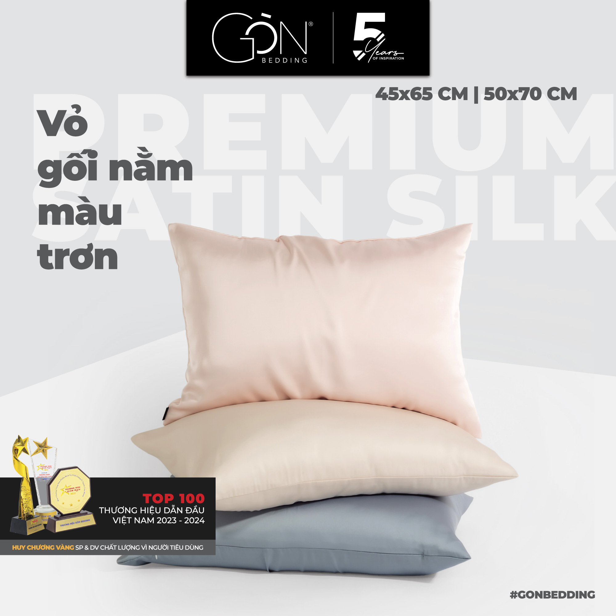 Vỏ gối nằm gòn bedding lụa satin cao cấp khoá kéo màu trơn 50x70 cm