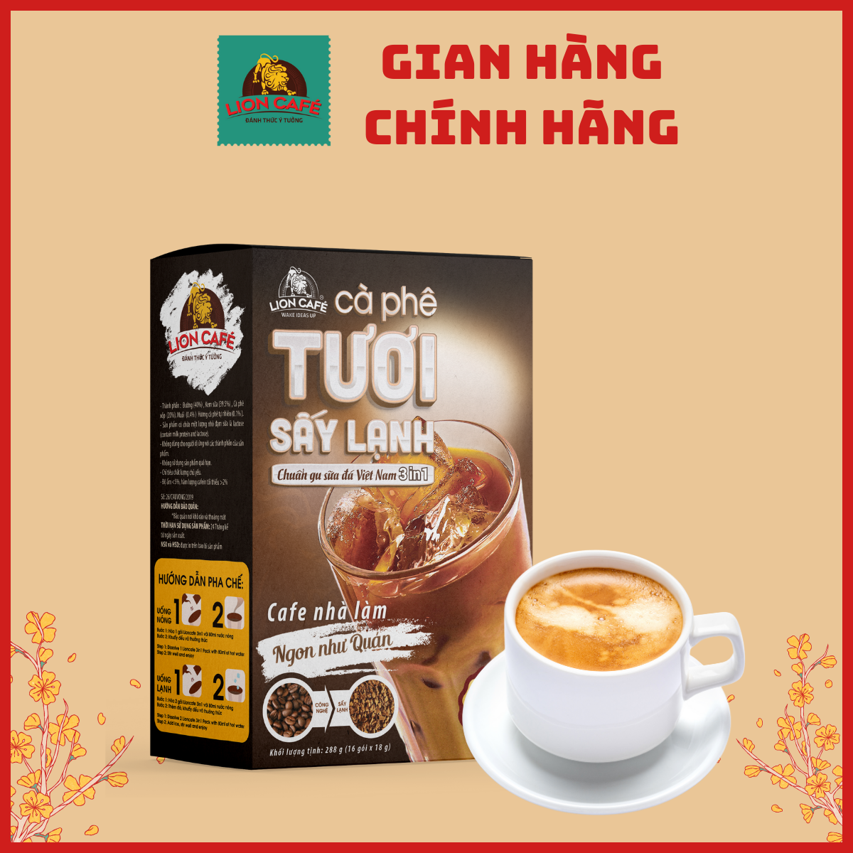 Cà Phê Tươi Sấy Lạnh Hòa Tan 3in1 - Lion Cafe  (Hộp16 gói*18gr)