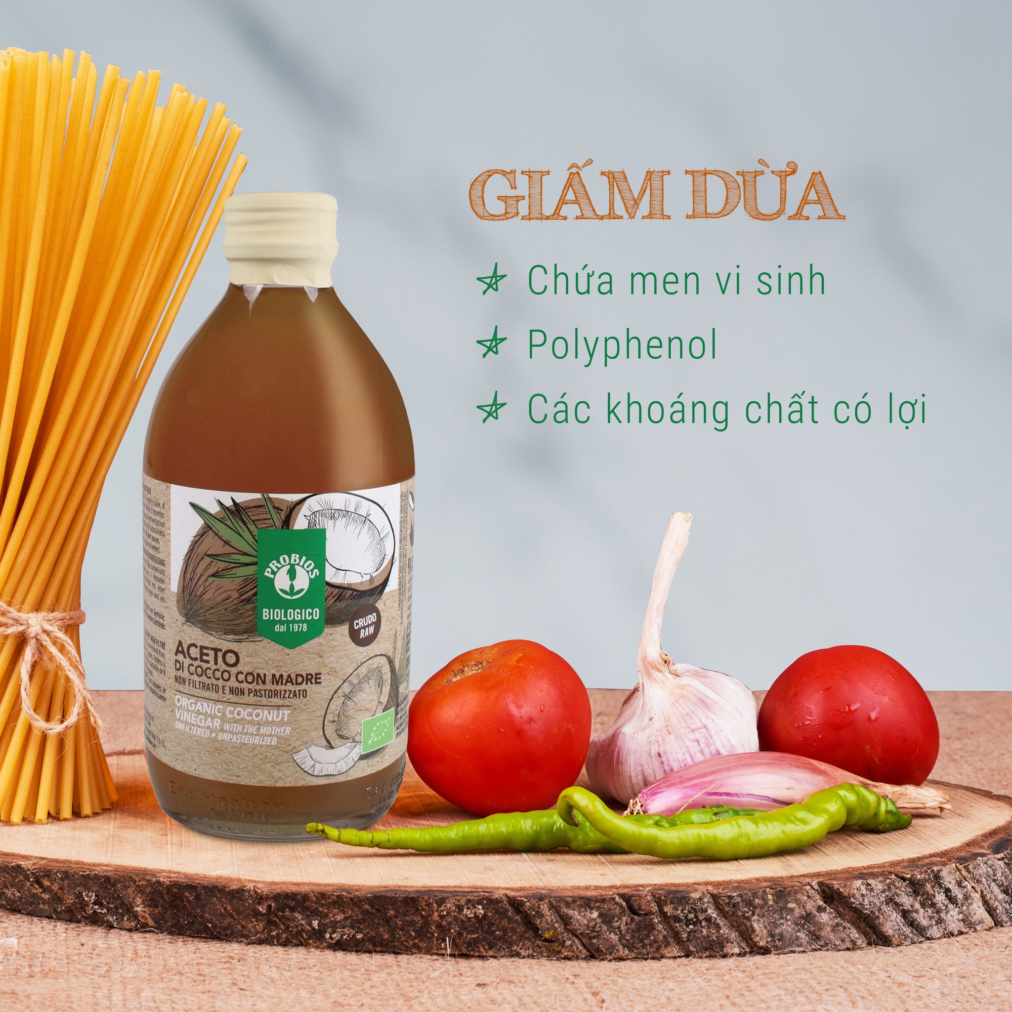 Giấm Dừa Hữu Cơ Có Giấm Cái 500ml ProBios Organic Coconut Vinegar With The Mother