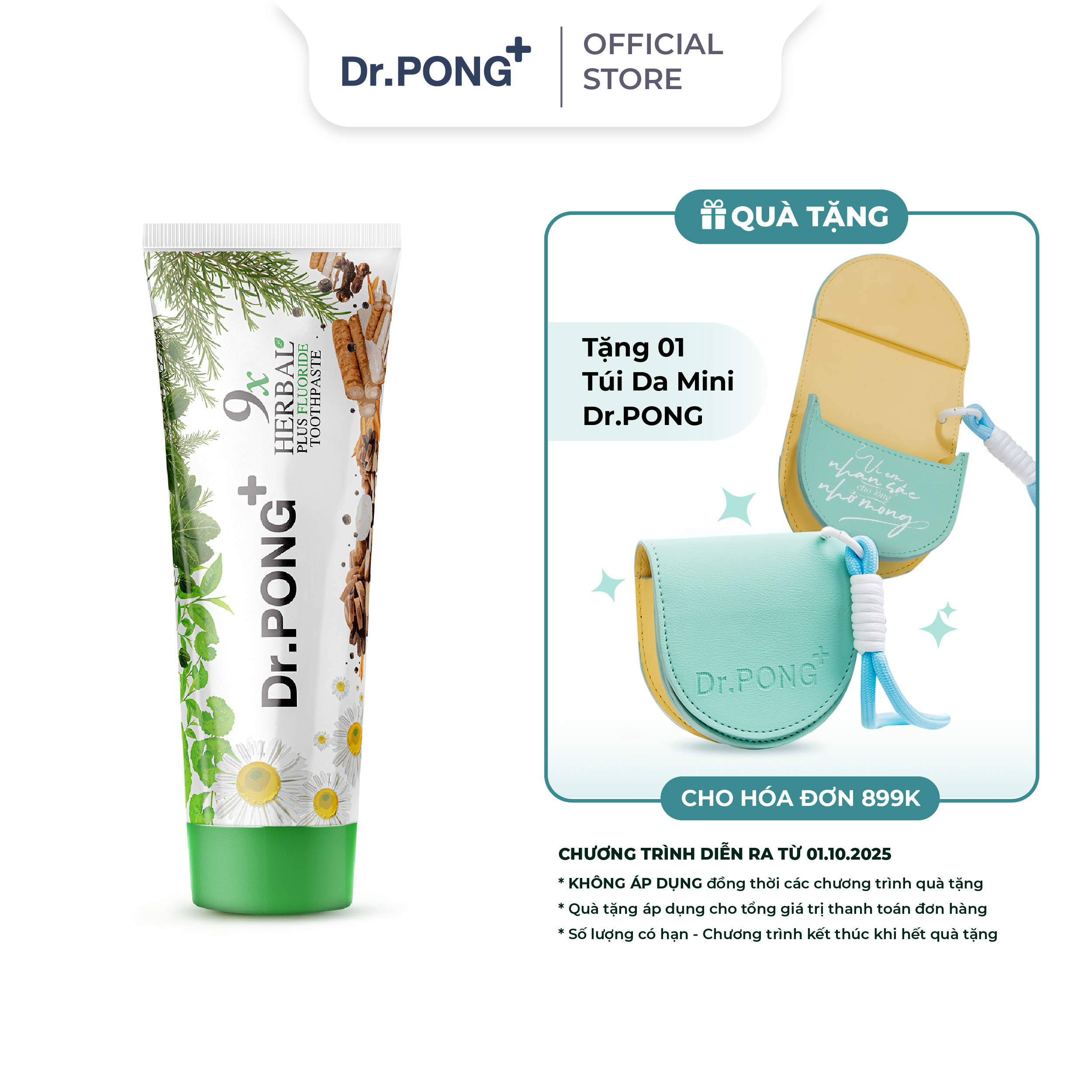 Kem đánh răng 9 loại thảo dược hỗ trợ giảm viêm lợi, giảm hỗ trợ mùi hôi miệng Dr.PONG 9x herbal plus fluoride toothpaste 100g