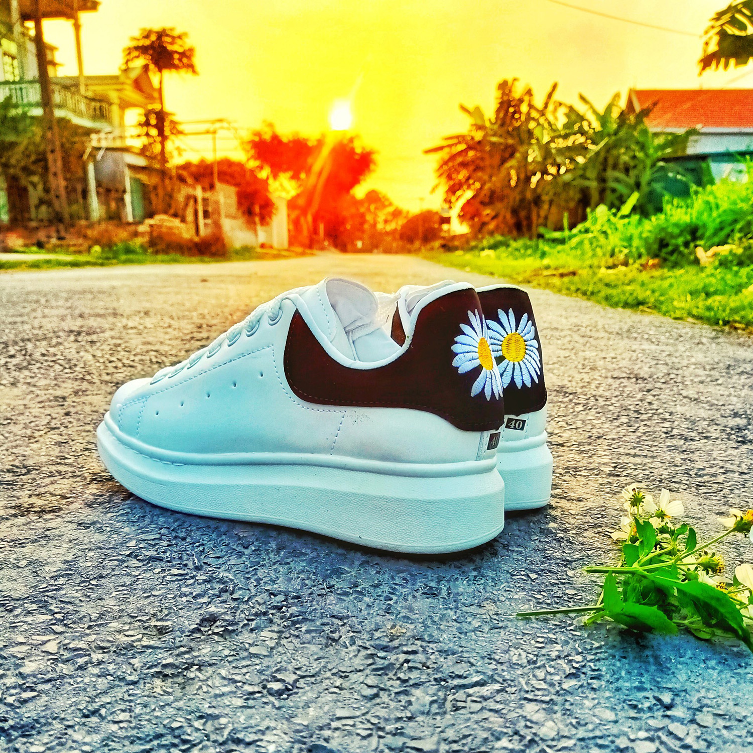 Giày thể thao nữ độn đế , Giày sneaker nữ hoa cúc hàng hot, Giày sneaker nam nữ MCQueen hoa cúc hoa mi gót nhung, dây bản to, chất liệu da cao cấp độn đế tăng chiều cao, giày nam ữ đẹp hot 2020, giày đi học