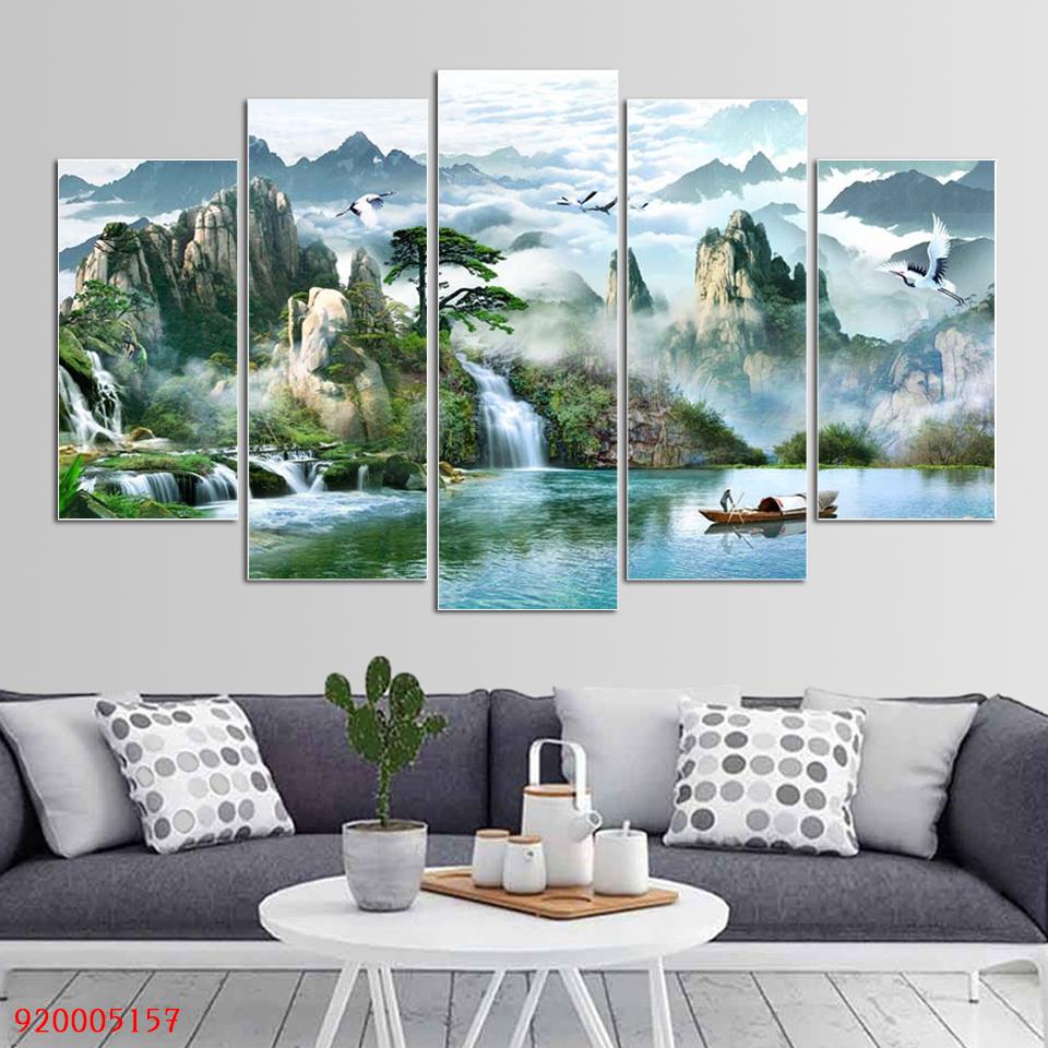 Tranh dán tường 3D Sơn Thủy Hữu Tình núi mây hùng vĩ -  Tranh décor phòng khách, phòng ngủ phong cách hiện đại
