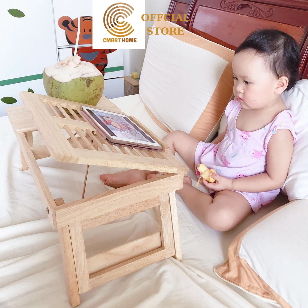 Bàn Để Laptop Gấp Gọn Thông Minh Có Rãnh Thoát Nhiệt Gỗ Cao Su Bền Đẹp, Chắc Chắn Dùng Cho Máy 15 inh Trở Xuống - Tặng Kèm Miếng Lót Ly Gỗ Tràm - Gỗ Đức Thành 22311