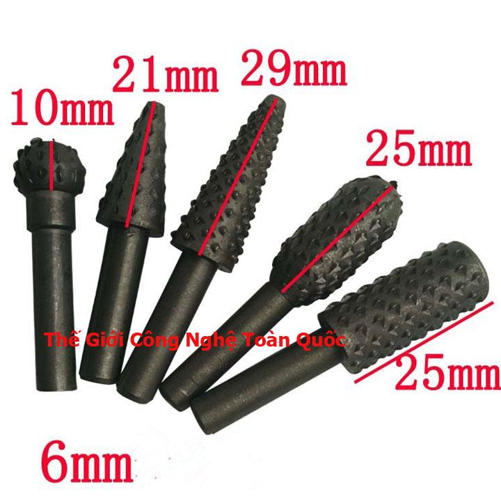 Bộ mũi mài gỗ chân cốt 6ly - bộ 5 mũi mài họp kim HSS cán 6ly đầu 10ly