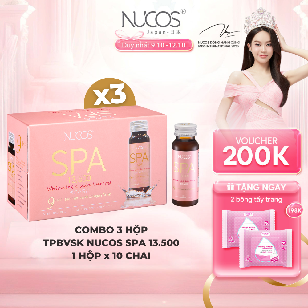 Combo 3 hộp TPBVSK Nước Uống Collagen Nucos Spa 13500 Giúp Da Căng Mịn, Chống Lão Hóa, Trắng Da 10 chai x 50ml