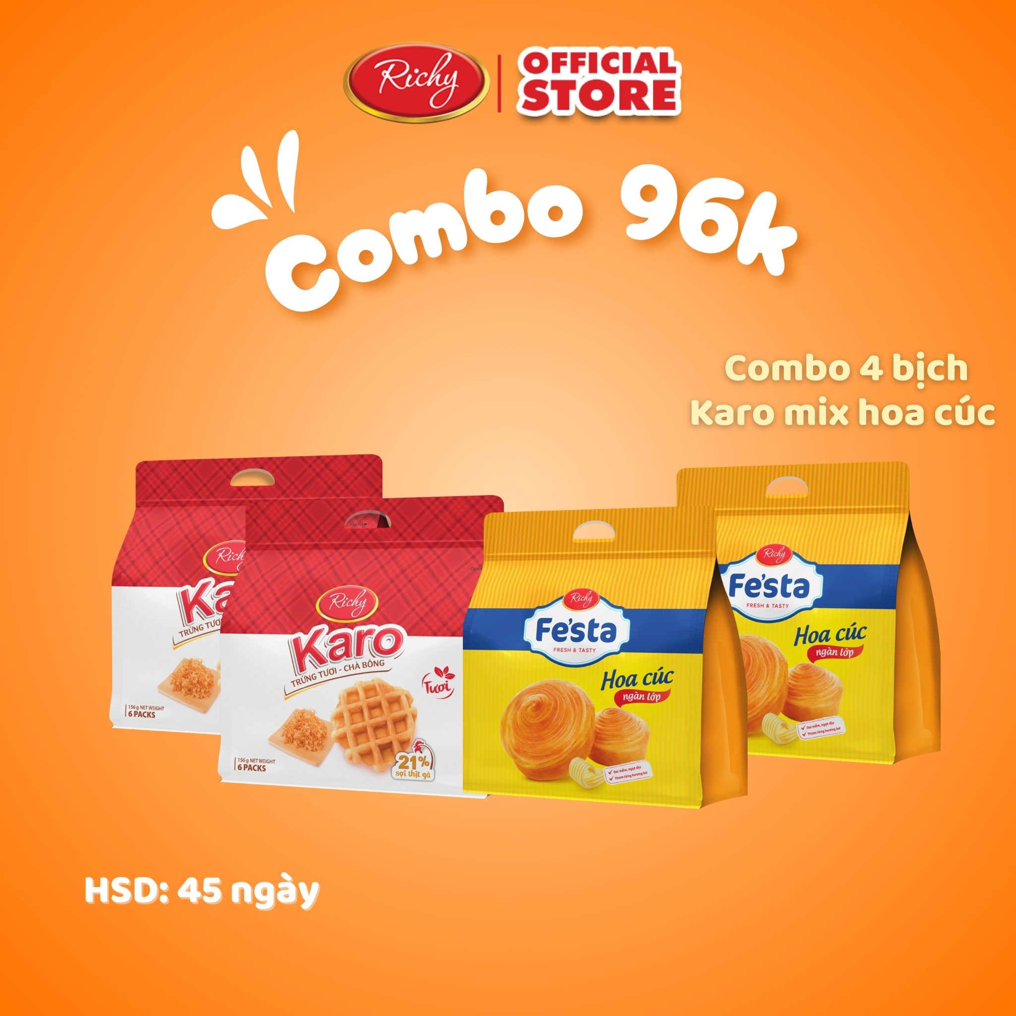 [HOT] Combo Bánh mì tươi đại chiến hoa cúc Fe'sta, Bánh Karo chà bông, Bánh ăn sáng dinh dưỡng, Bánh kẹo Richy