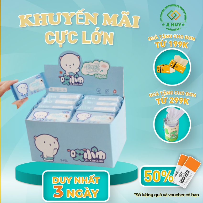 Khăn giấy ướt, khăn ướt mini bỏ túi tiện dụng, 1 hộp 24 gói, 1 gói 8 khăn 14x15cm