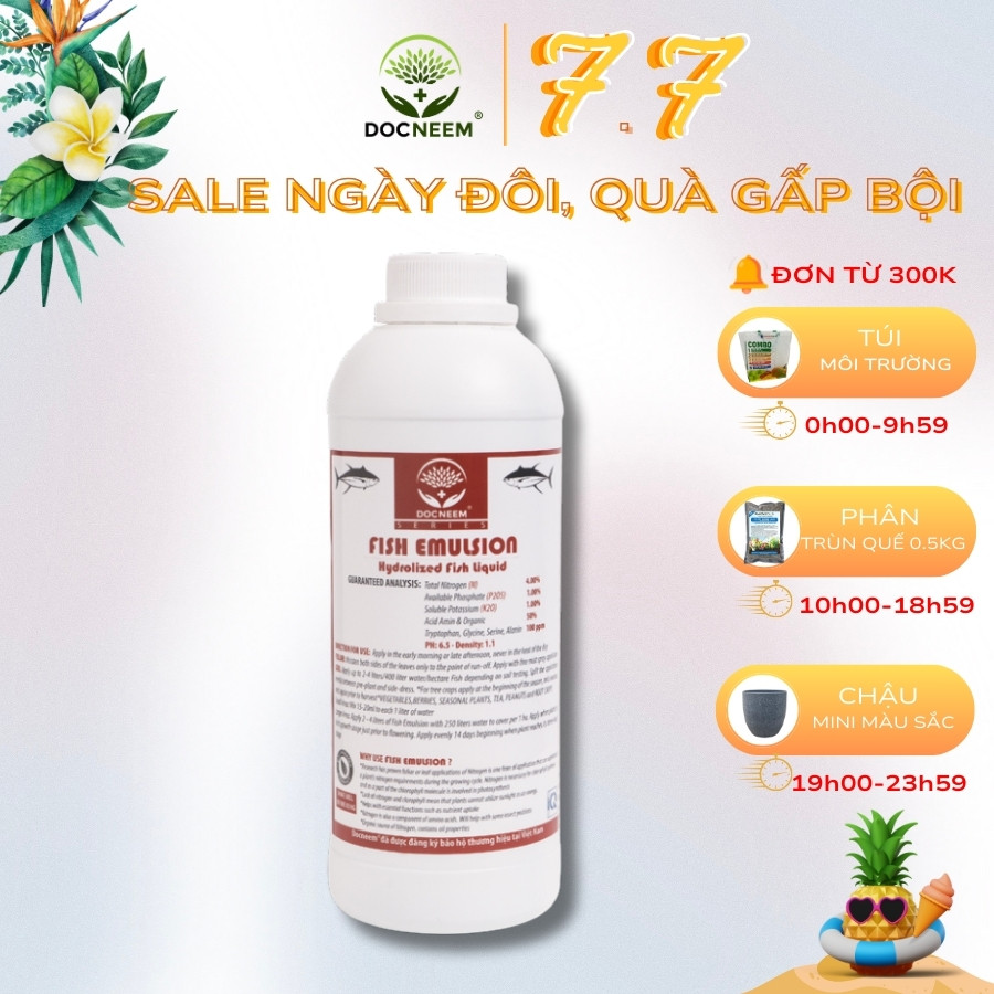 Phân đạm cá Docneem, phân cá Fish Emulsion (1 lít)  hữu cơ cho hoa hồng, rau sạch, hoa, cây cảnh trong nhà ngoài trời