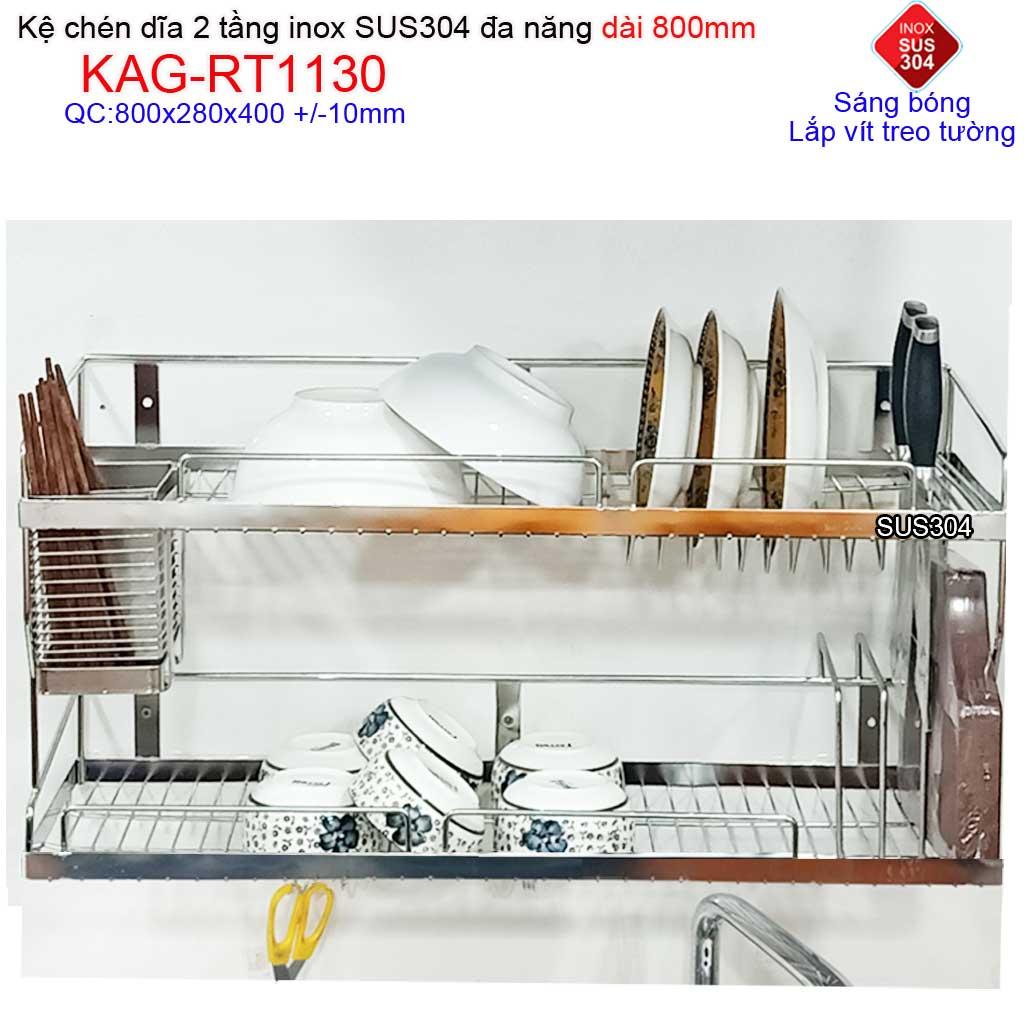 Kệ chén dĩa inox roca dài 80cm kệ úp chén dĩa 2 tầng inox sus304 kag-rt1130