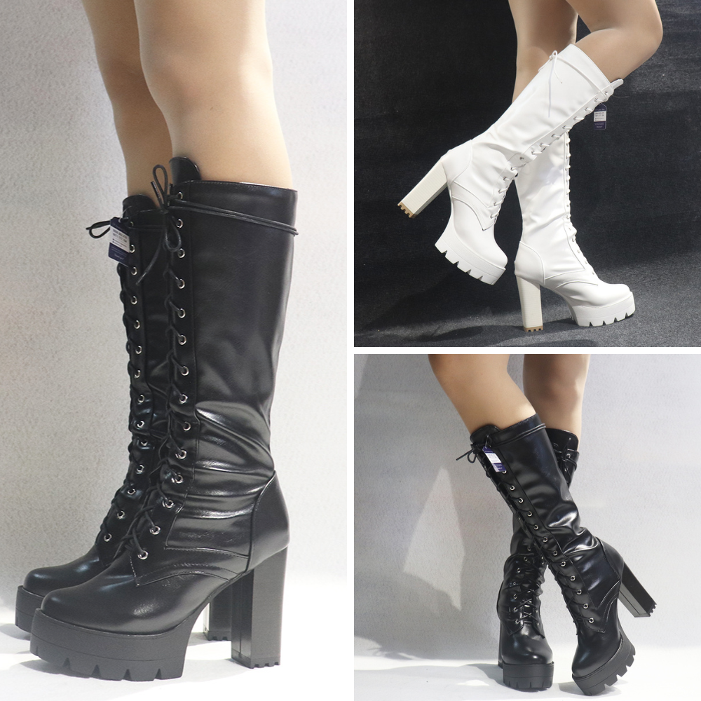 Giày combat boot cột dây dưới gối gót vuông 12cm gcc127