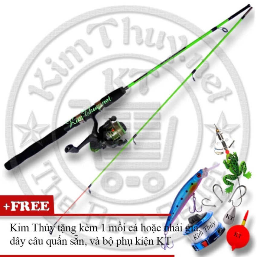 Bộ Cần câu máy 2 khúc Đặc ruột 1m5 KT A1 Green (*Kim Thủy) + Kèm Máy câu + Mồi câu + Dây câu, Phao câu, Chì câu, Lưỡi câu