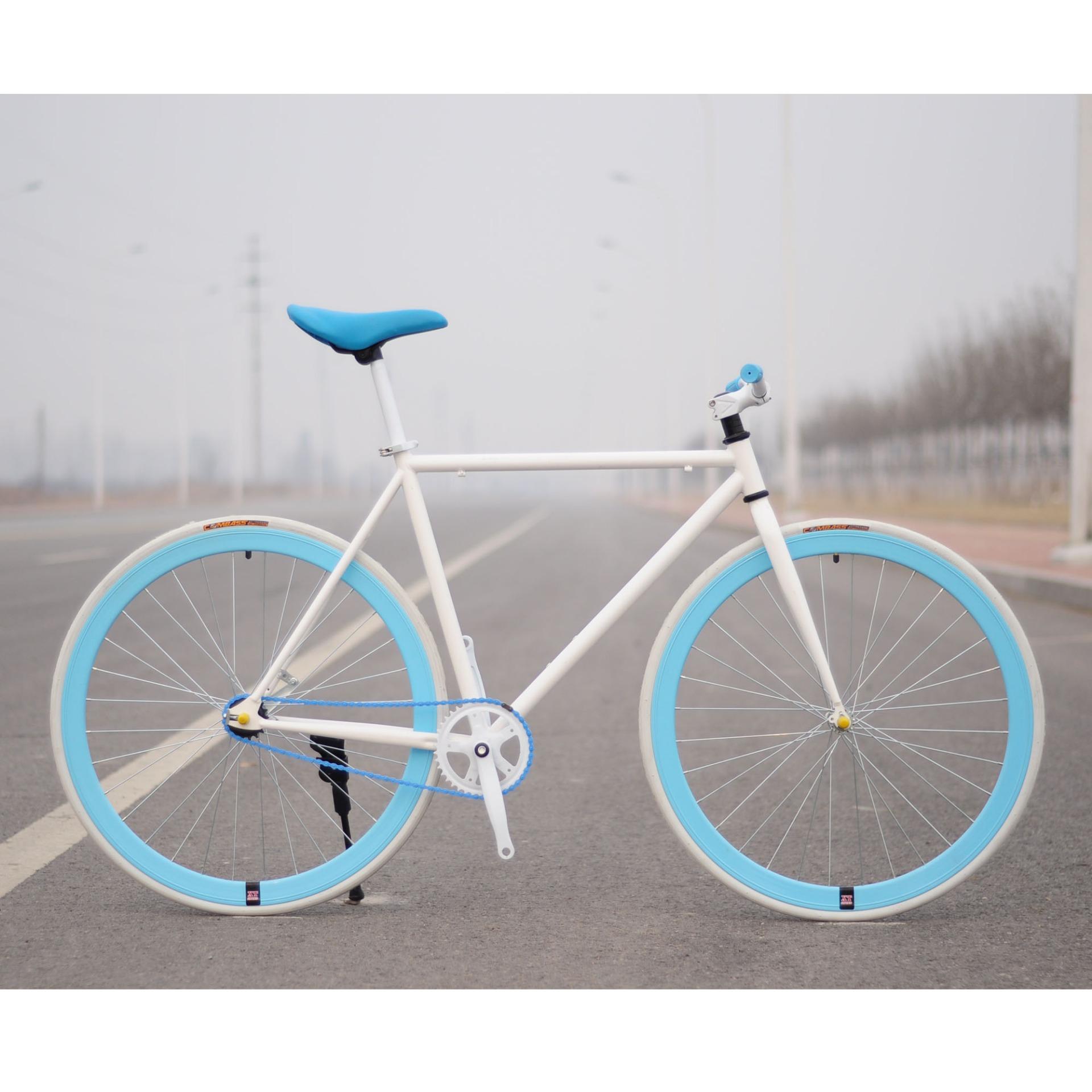 Xe đạp Fixed Gear Single Speed (Trắng vành xanh trời)