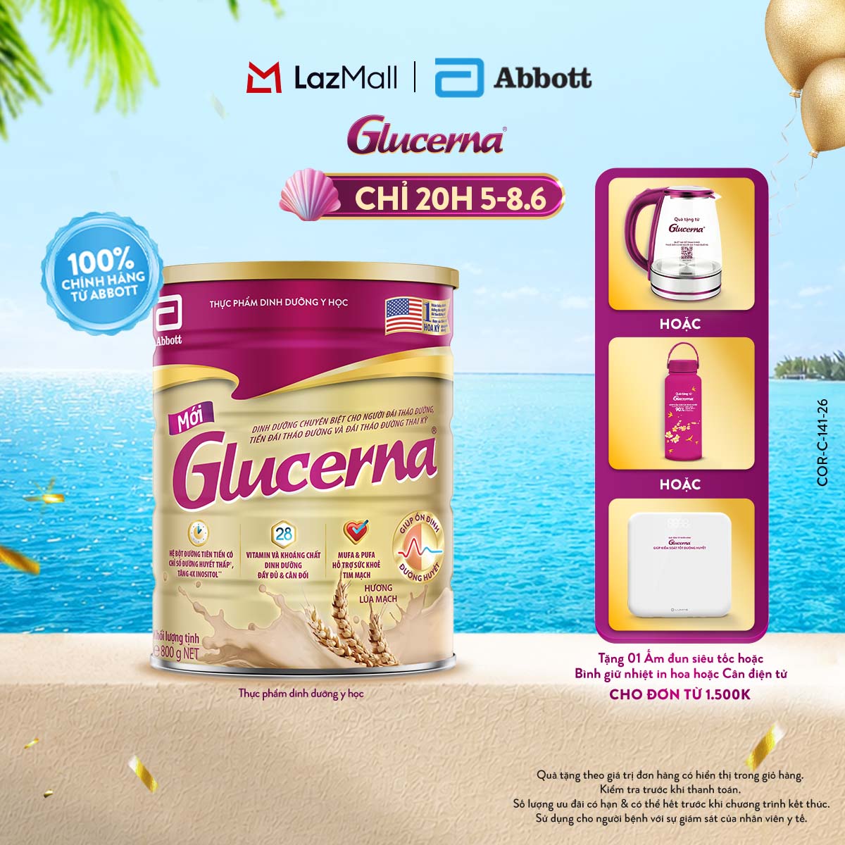 [CHỈ 20H 05-08.06 QUÀ TẶNG CHO ĐH 1500K-SLCH] Sữa bột Glucerna hương lúa mạch 800g