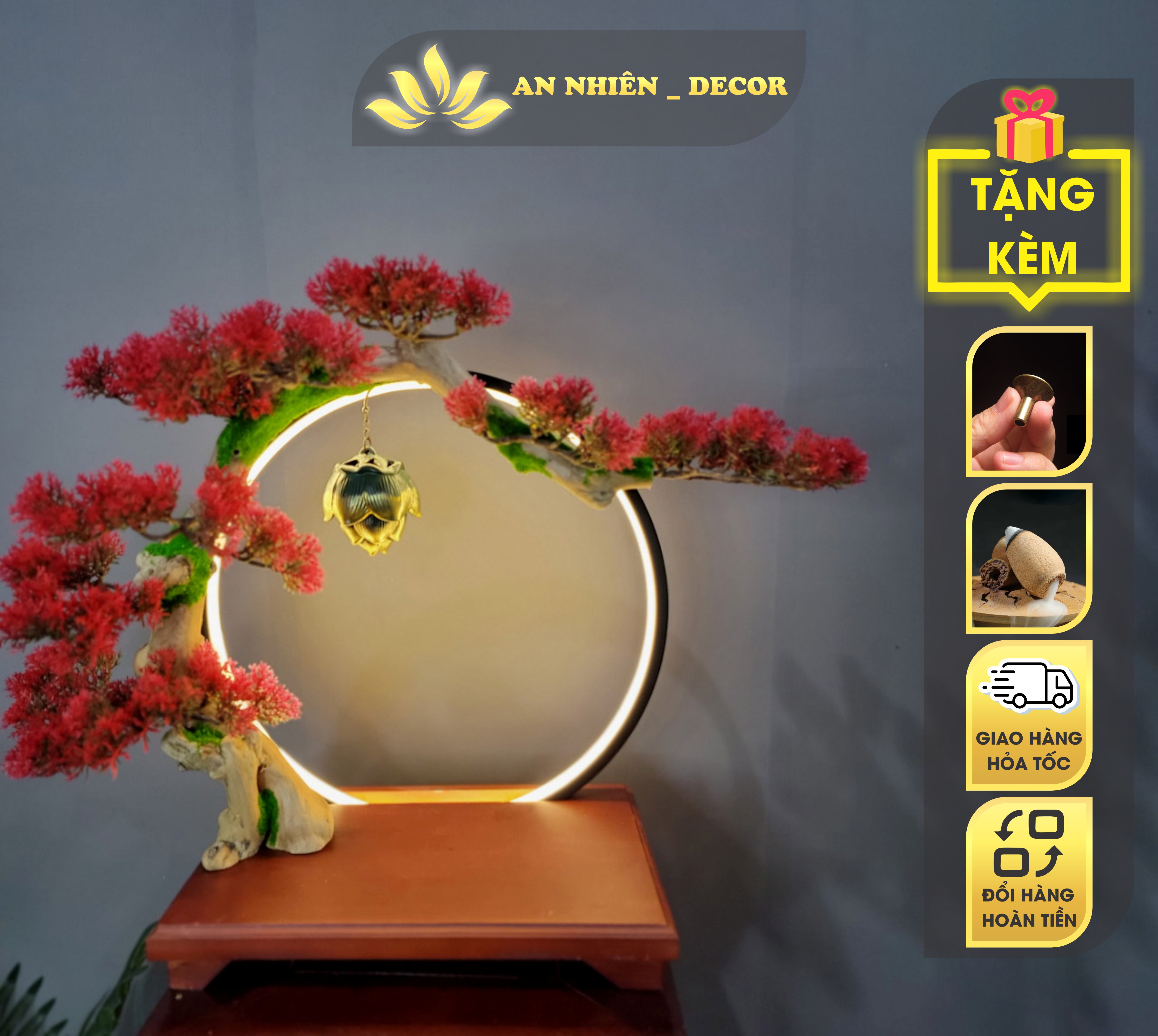 Tiểu cảnh bonsai đèn led vòng 35cm trang trí - tặng kèm phụ kiện