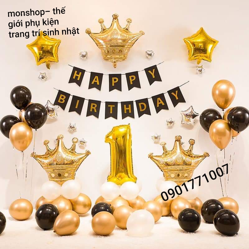 Set bóng trang trí sinh nhật tông vàng đen như ảnh kèm 2 trụ xòe mica dựng bóng 2 bên